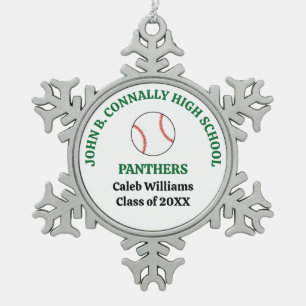 Green High School Baseball Player Personalised Snowflake Pewter Christmas Ornament