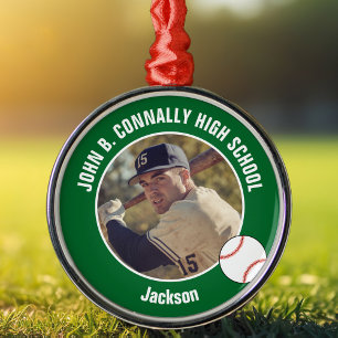Green High School Baseball Player Photo Christmas Metal Tree Decoration