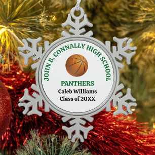 Green High School Basketball Player Personalised Snowflake Pewter Christmas Ornament