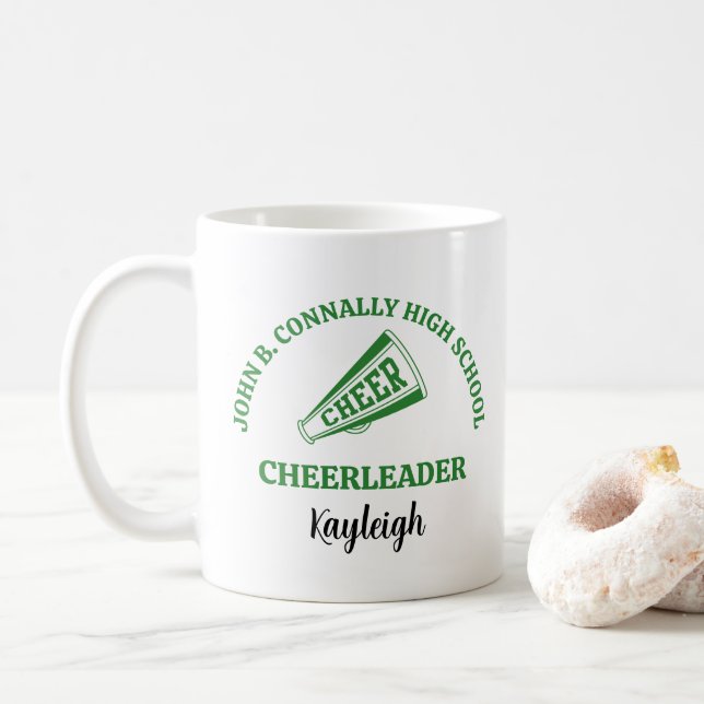 Green High School Cheerleader Personalised Coffee Mug (With Donut)