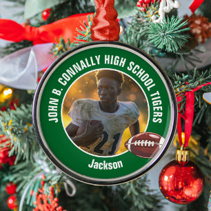 Green High School Football Player Photo Christmas Metal Tree Decoration
