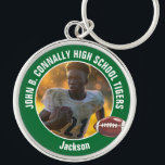 Green High School Football Player Photo Key Ring<br><div class="desc">This cool customised green high school football player photo keychain features white typography of your team and player name. Personalise with your athlete name next to the ball.</div>
