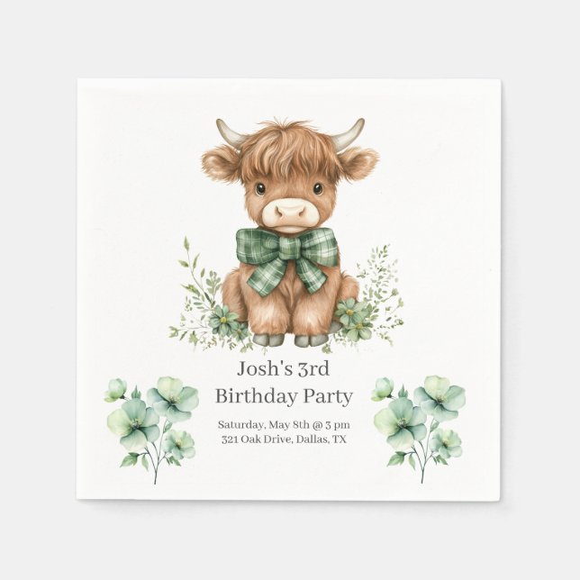 Green Highland Cow Birthday Party Napkin (Front)