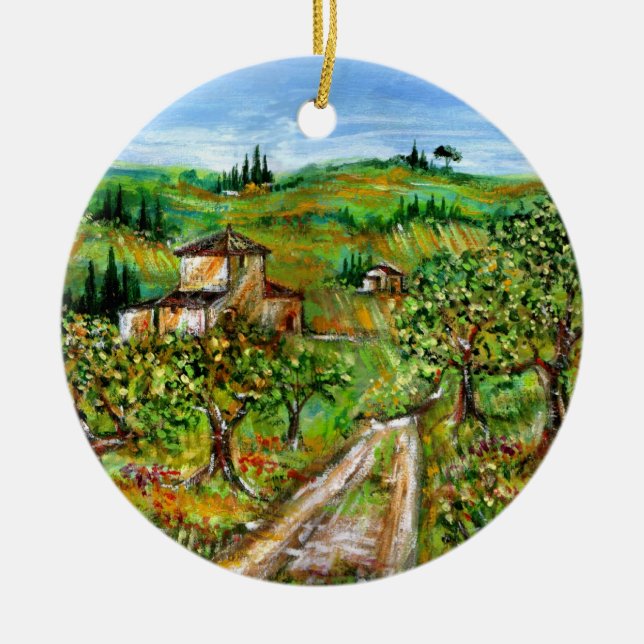 GREEN HILLS AND OLIVE TREES IN TUSCANY LANDSCAPE CERAMIC TREE DECORATION (Front)