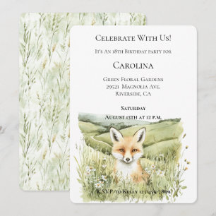 Green Hills Daisy Flowers Fox Birthday Invitation
