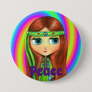 Green Hippie Doll Girl Peace Sign Headband Cute 7.5 Cm Round Badge