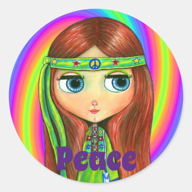 Green Hippie Doll Girl Peace Sign Headband Cute Classic Round Sticker (Front)