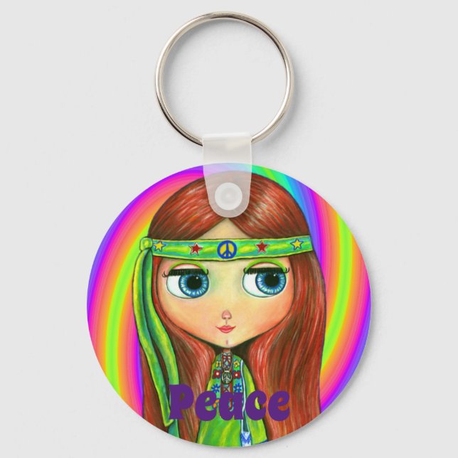 Green Hippie Doll Girl Peace Sign Headband Cute Key Ring (Front)