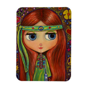 Green Hippie Girl Doll Flower Power Peace Magnet