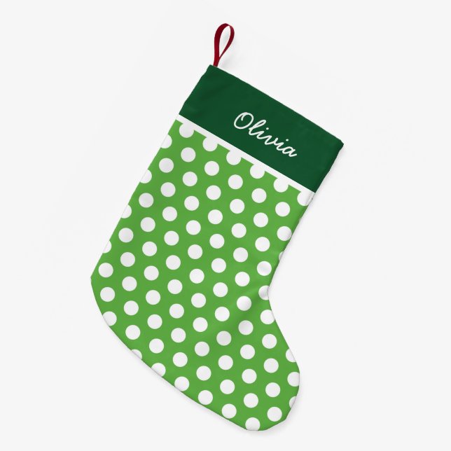 Green Holiday Dots Monogram Small Christmas Stocking (Front (Hanging))