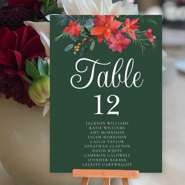 Green Holiday Floral Wedding Table Card with Names (Creator Uploaded)