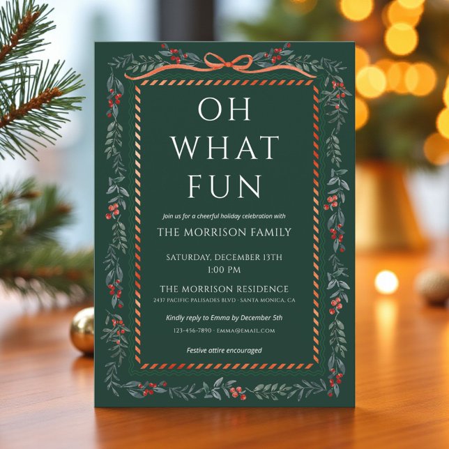 Green Holiday Holly Christmas Red Bow Party  Invitation (Creator Uploaded)