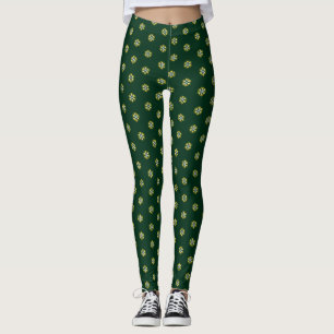 Green holiday modern gold foil white snowflakes leggings
