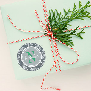 Green Holiday Monogram Snowflake Border Classic Round Sticker