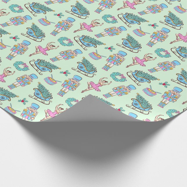 Green Holiday Nutcracker Ballerina Pattern Wrapping Paper (Corner)