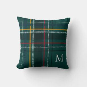 Green holiday plaid Christmas decor monogram Cushion