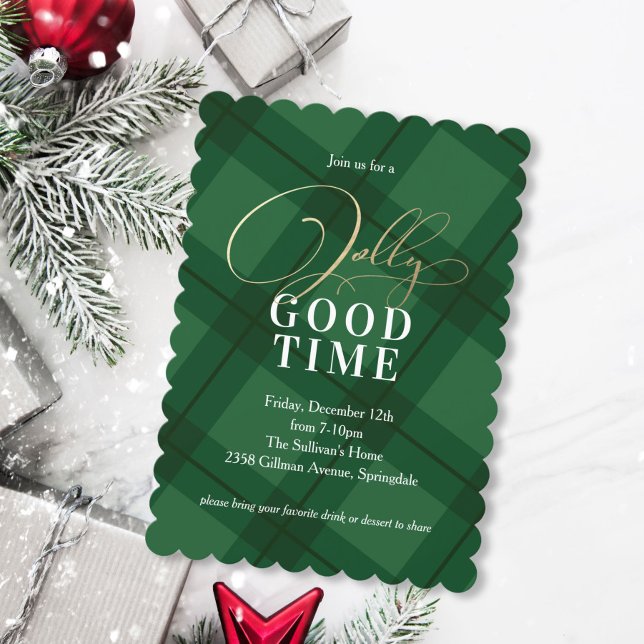 Green Holiday Plaid Faux Foil Christmas Party Invitation (Creator Uploaded)
