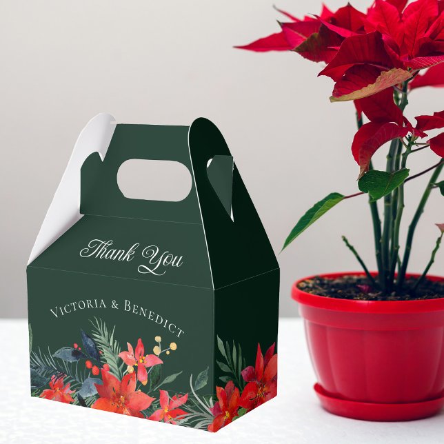 Green Holiday Poinsettia Floral Christmas Wedding Favour Box (Creator Uploaded)