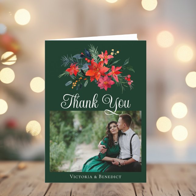 Green Holiday Poinsettia Wedding Photo Thank You Card (Creator Uploaded)