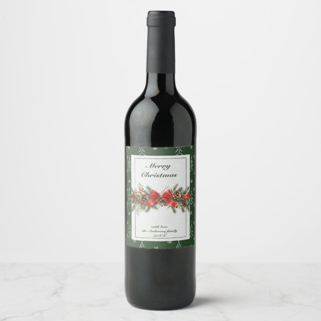 Green Holiday Ribbon Holly Wine Label (Front)