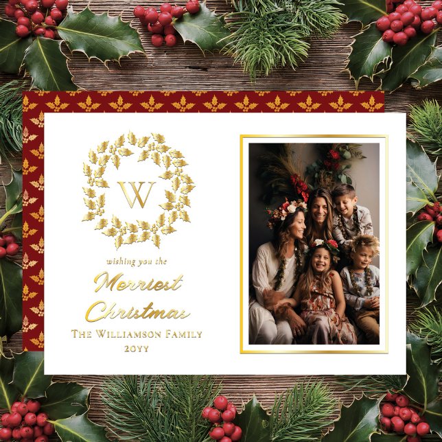 Green Holly and Berries Merriest Christmas  ("Merriest Christmas" Holly and Berries Wreath One Portrait Photo Monogrammed Holiday Gold Foil Cards)