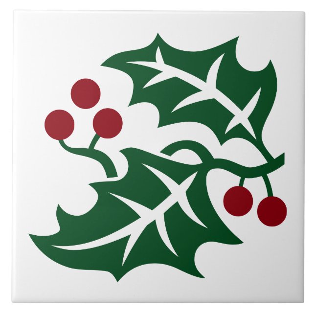 Green Holly and Red Berries Christmas Design Tile (Front)