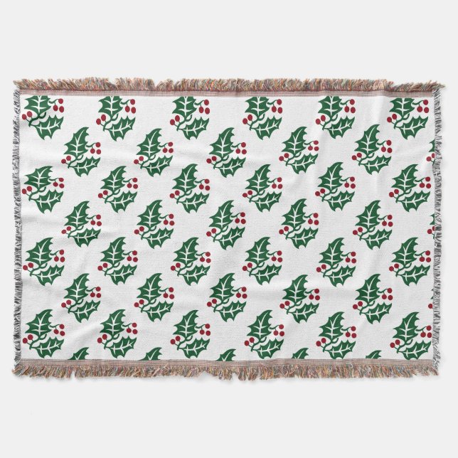 Green Holly and Red Berries Christmas Pattern Throw Blanket (Front)