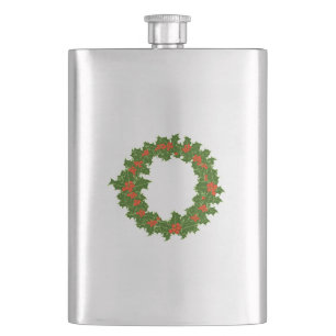 Green Holly and Red Berries Christmas Wreath  Hip Flask