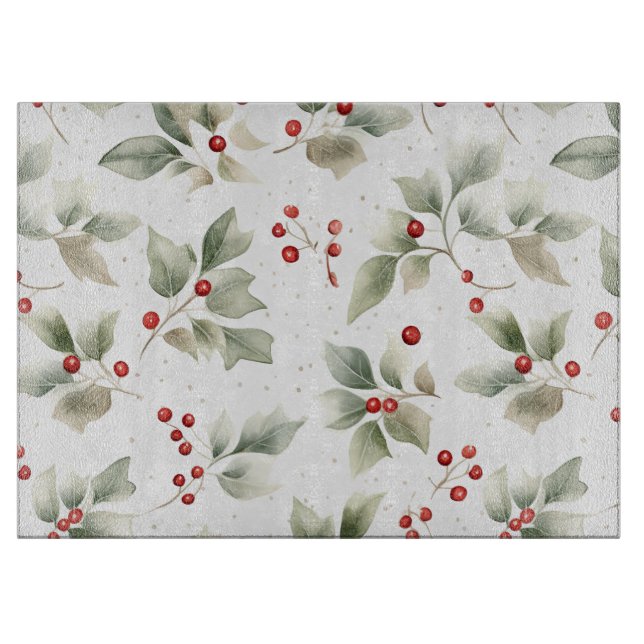 Green Holly and Red Berries Watercolor Cutting Board (Front)
