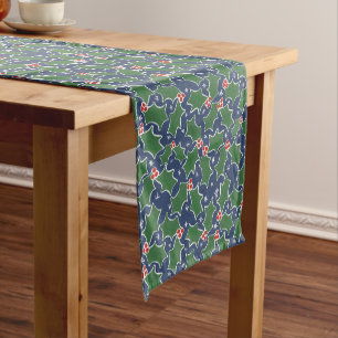 Green Holly botanical Modern Red Christmas Short Table Runner
