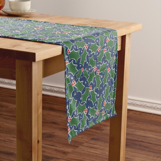Green Holly botanical Modern Red Christmas Short Table Runner (In Situ)