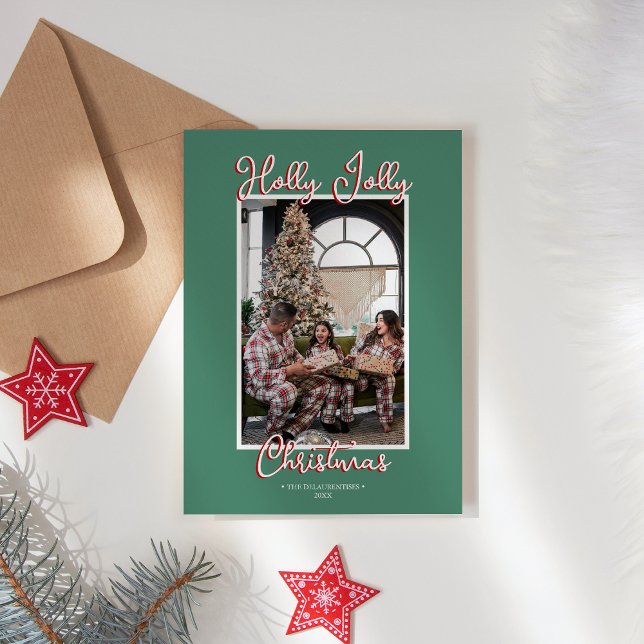 Green Holly Jolly Christmas Family Photo Holiday Card (Creator Uploaded)