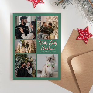 Green Holly Jolly Christmas Five Photo Collage Holiday Card