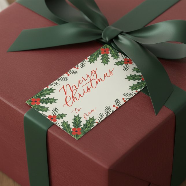 Green Holly Leaves and Red Berry Merry Christmas Rectangular Sticker (Creator Uploaded)