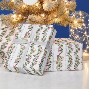 Green Holly Leaves & Red Berries Floral Garland Wrapping Paper