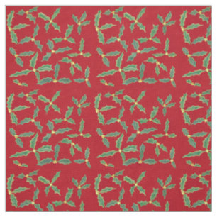 Green Holly Leaves with Yellow Flowers Red Fabric