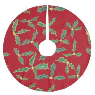 Green Holly Leaves Yellow Flowers Red Tree Skirts