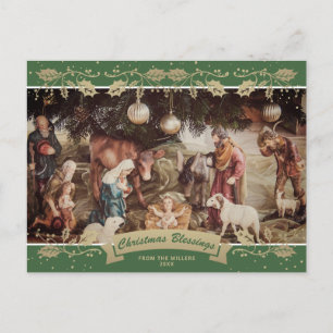 Green Holly Nativity Scene Christian Photo Holiday Postcard