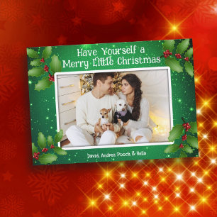 Green Holly Photo Merry Little Christmas Cards