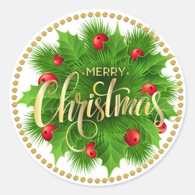 Green Holly & Red Berries Wreath Merry Christmas Classic Round Sticker (Front)