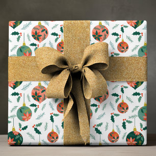 Green Holly Red Poinsettia Christmas Bauble Wrapping Paper