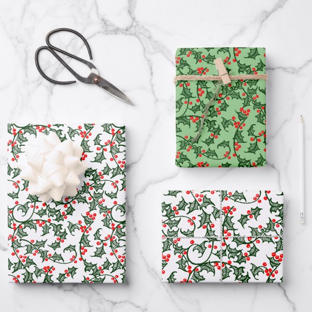Green Holly with Red Berries Rustic Wrapping Paper (Front)