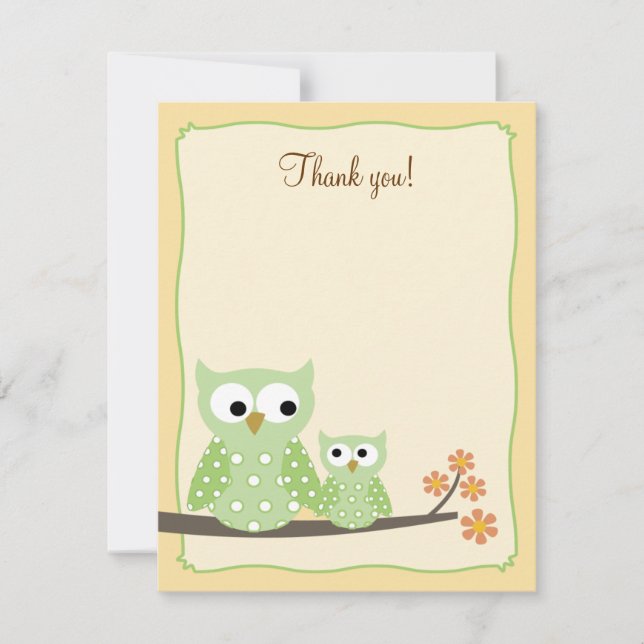 Green Hoot Owls 4x5 Flat Thank you note Card (Front)