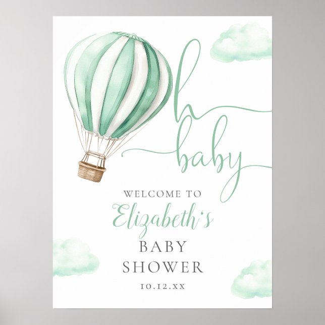Green Hot Air Balloon Baby Shower Welcome Sign (Front)