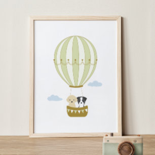 Green Hot Air Balloon with Puppies Nursery Poster