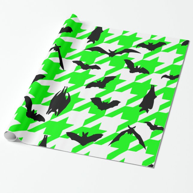 green houndstooth halloween black bats wrapping paper (Unrolled)