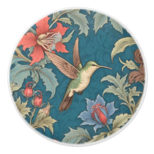 Green Hummingbird Bird William Morris style right Ceramic Knob