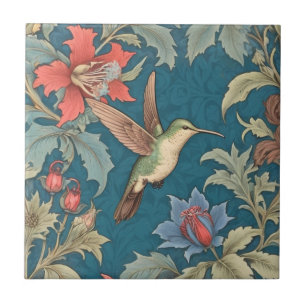 Green Hummingbird Bird William Morris style right Tile