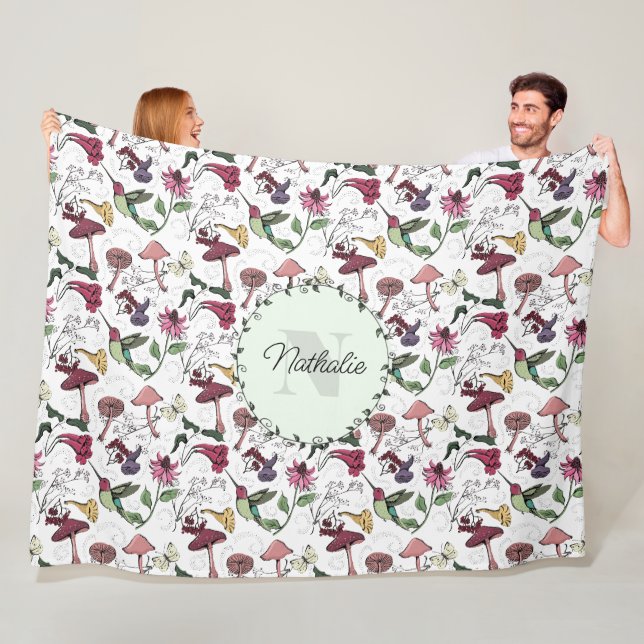 Green Hummingbird Floral Fleece Blanket  (In Situ)