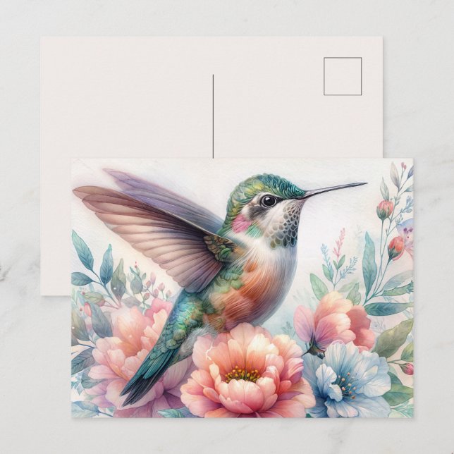 Green Hummingbird Floral Watercolor Postcard (Front/Back)